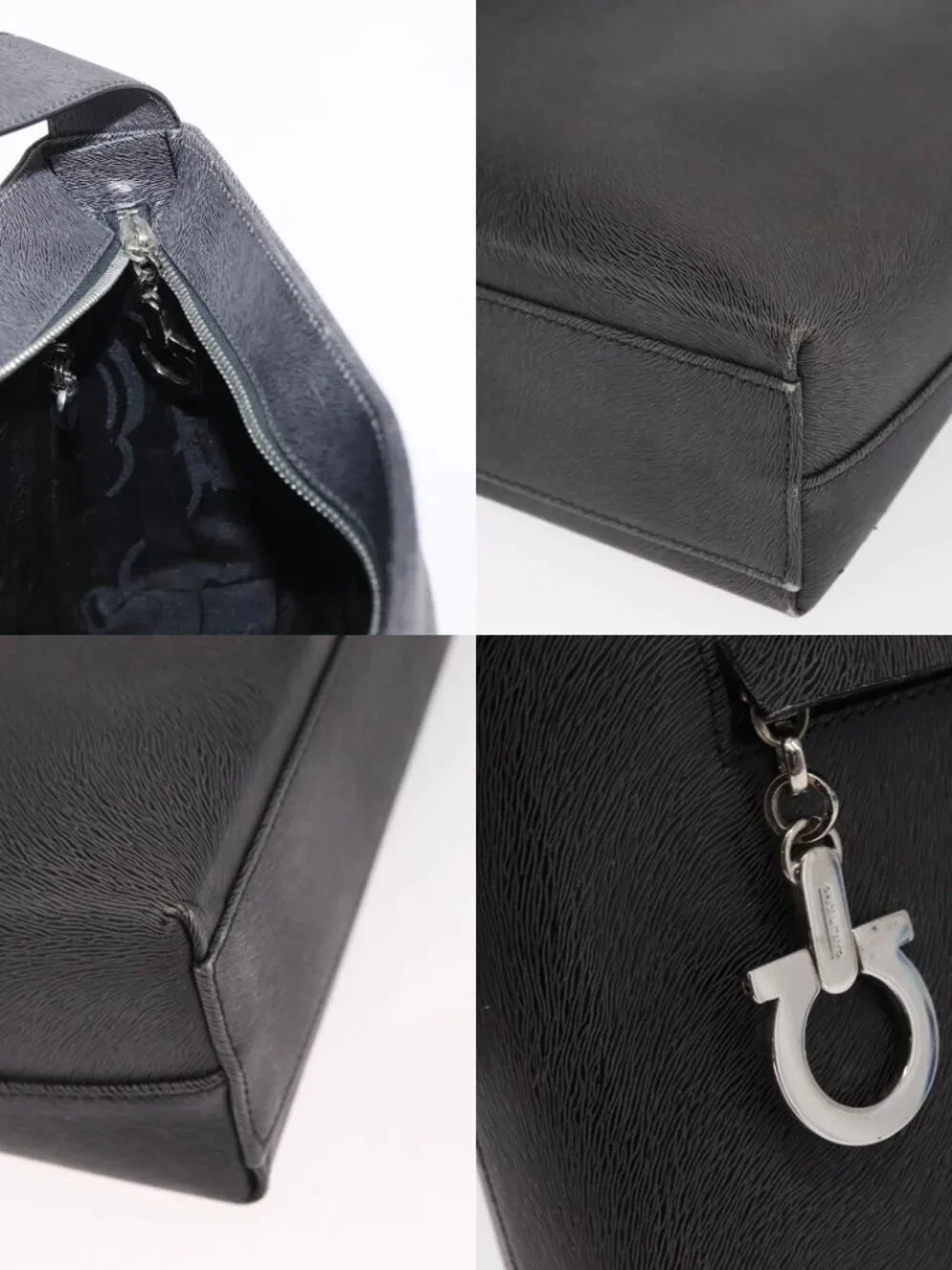 Salvatore Ferragamo Gancini Shoulder Bag Leather Gray Silver Auth hk3307